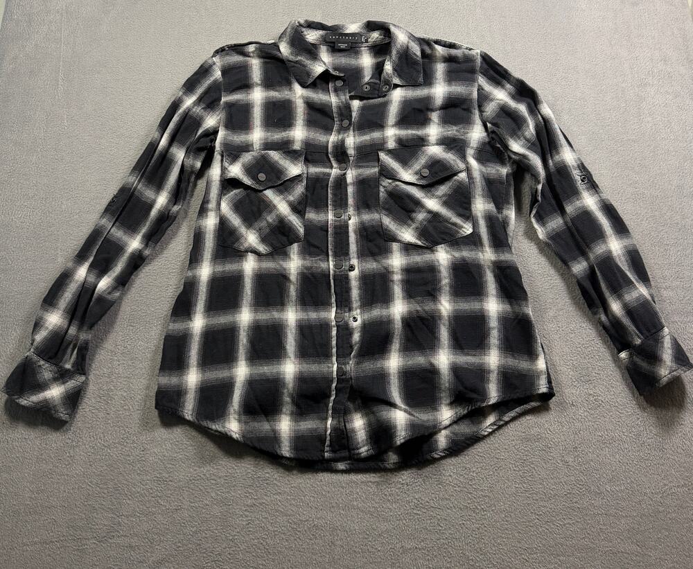 Sanctuary‎ Black White Plaid Boyfriend Shirt Roll Tab Sleeve Button Up Women's S